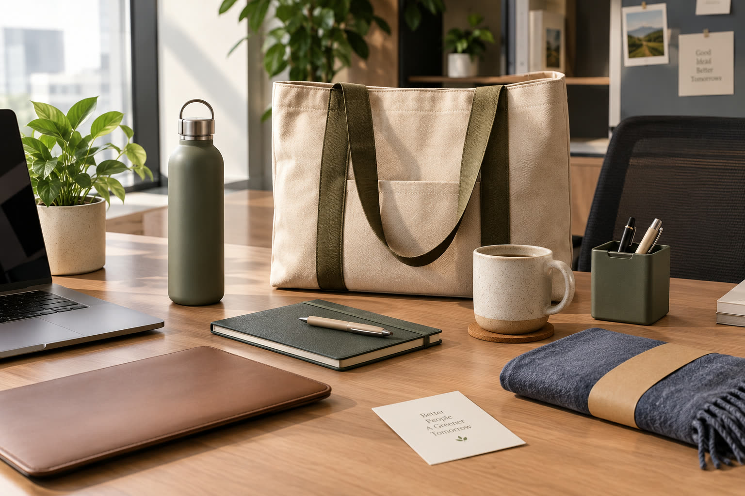A desk set with a canvas tote bag, water bottle, notebook, ceramic mug, pen holder, laptop sleeve and a folded scarf