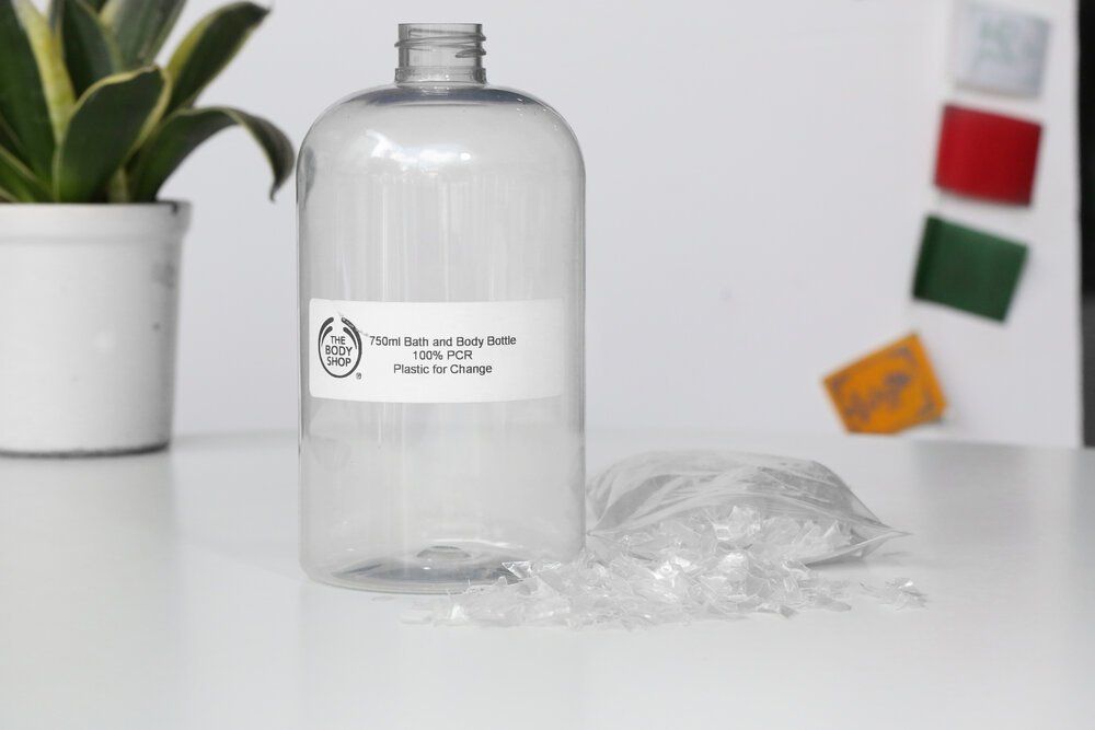   A shampoo bottle made with clear recycled PET.  