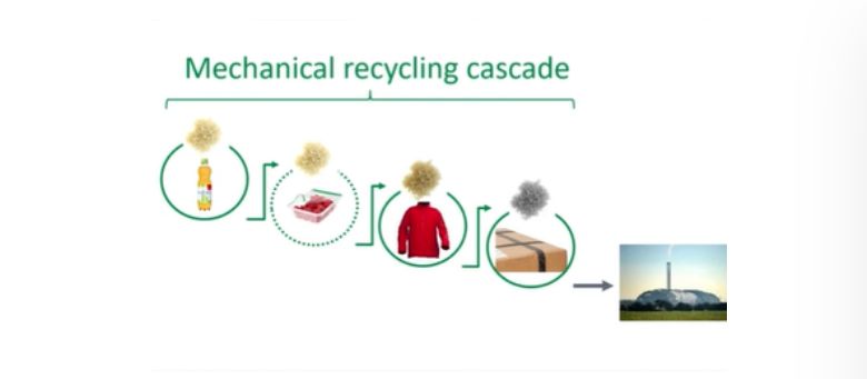  In the example above a PET bottle is recycled into a plastic film. The plastic film is downcycled and can be used as a clothing material (a non-food application) which is then downcycled into packaging. As you can see, this cascade is usually down in the direction of quality. This means that while mechanical recycling can recover a lot of plastic and give it a second or third life, it will eventually put an end life to plastic when its quality is not good enough for another step. 