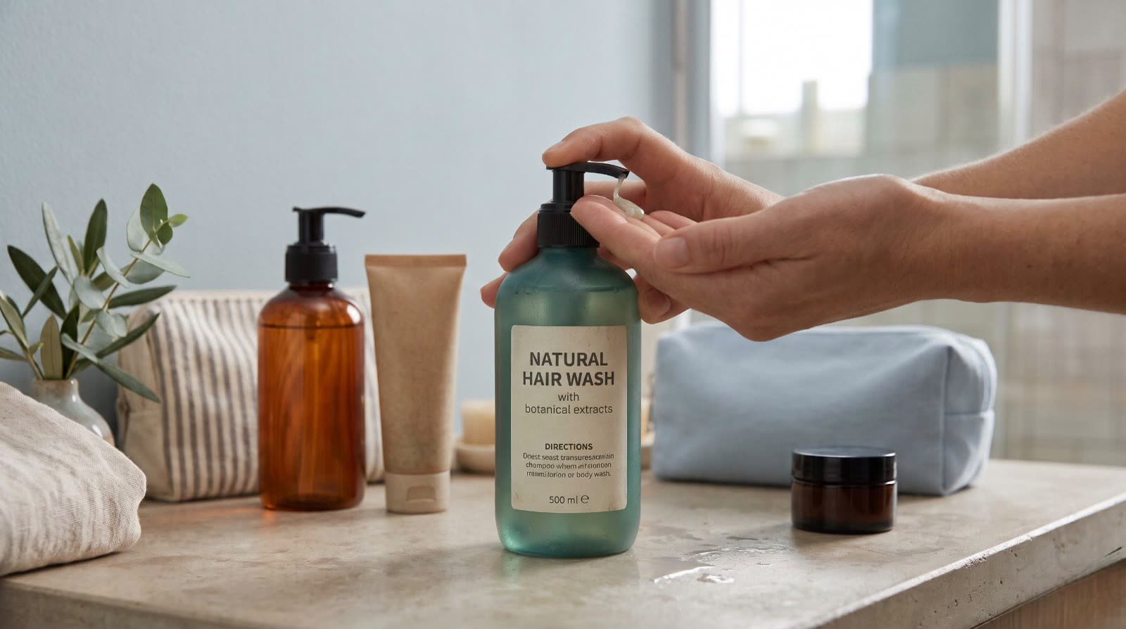 A hand pumping hair wash from a pump bottle on a bathroom shelf beside other cosmetic bottles and a tube