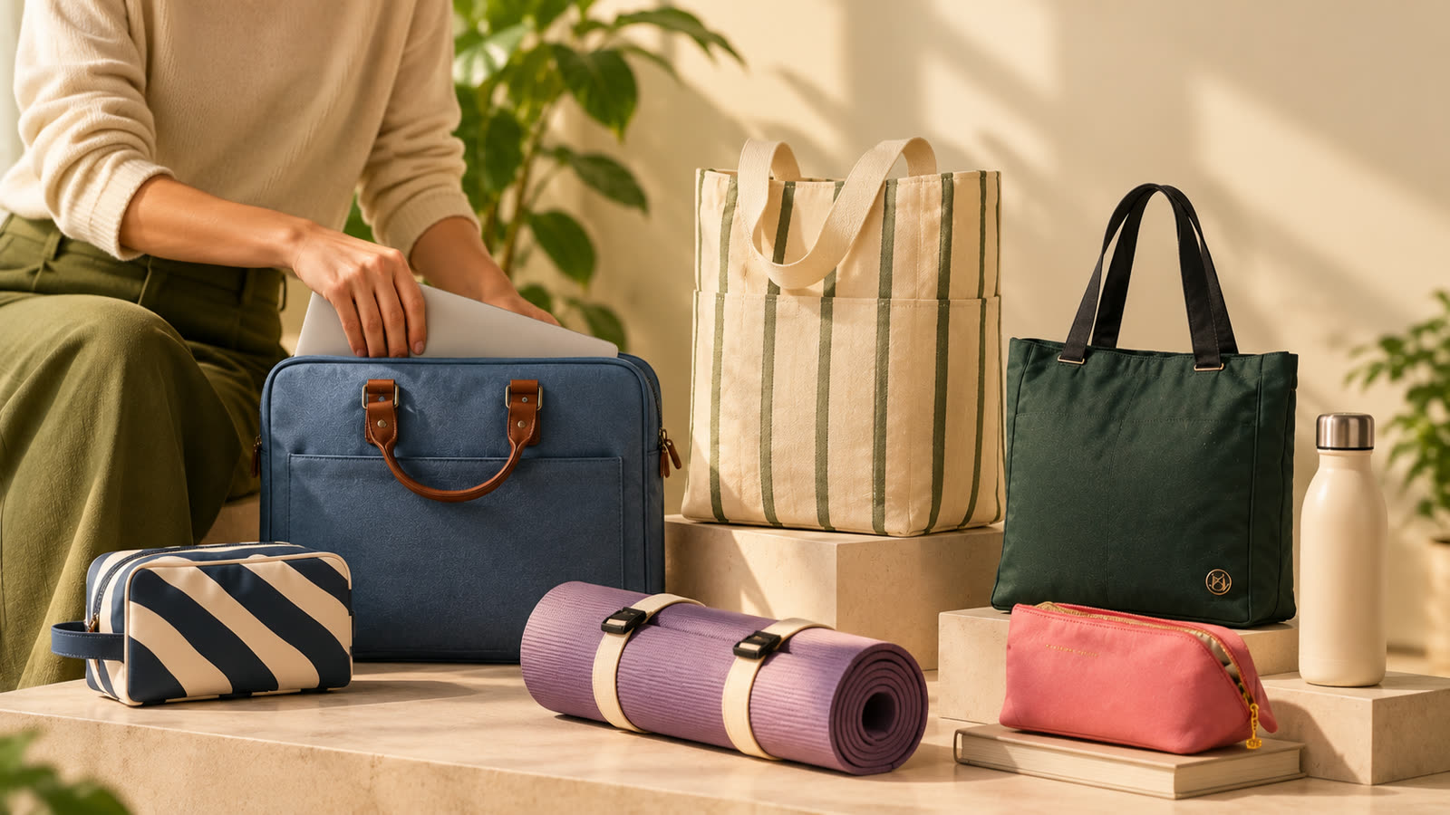 Recycled-material corporate gifts including tote bags, a laptop sleeve, toiletry pouches, a yoga mat and a water bottle arranged on stone steps